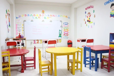 Aula de Inicial con mesas de colores y materiales visuales en las paredes