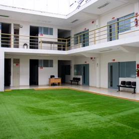 Patio interior del colegio con césped y corredores alrededor